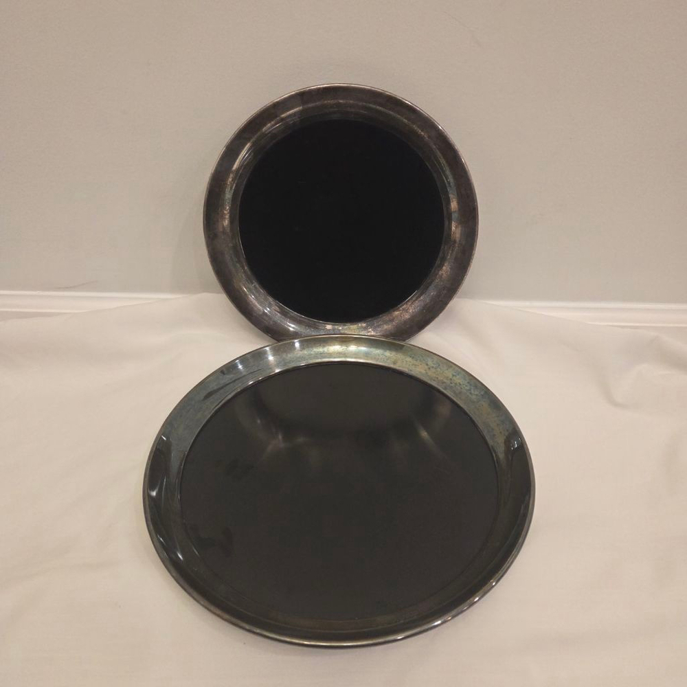 Gorham Silver Round Service Tray Set Silverplate Black Formica 10" and 12"